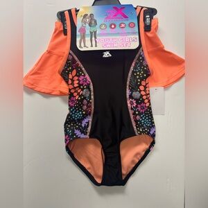 ZeroXposur Youth Girls 2pc Swim Set - Black and Orange with Floral Design
